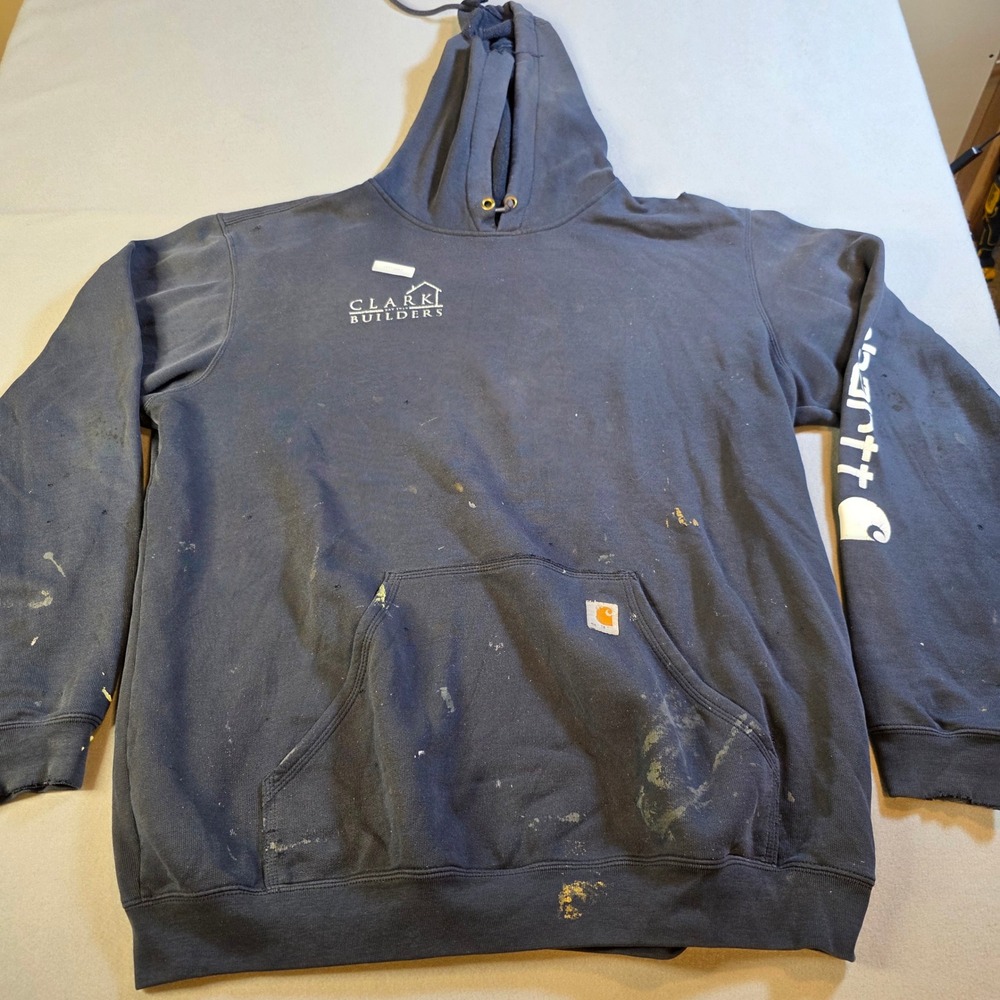 Carhartt Distressed Thrashed Hoodie Mens Navy Blue Paint Splatter Workwear XL